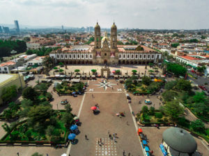 An aerial view of the Zapopan Center Basilica in Jalisco Mexico